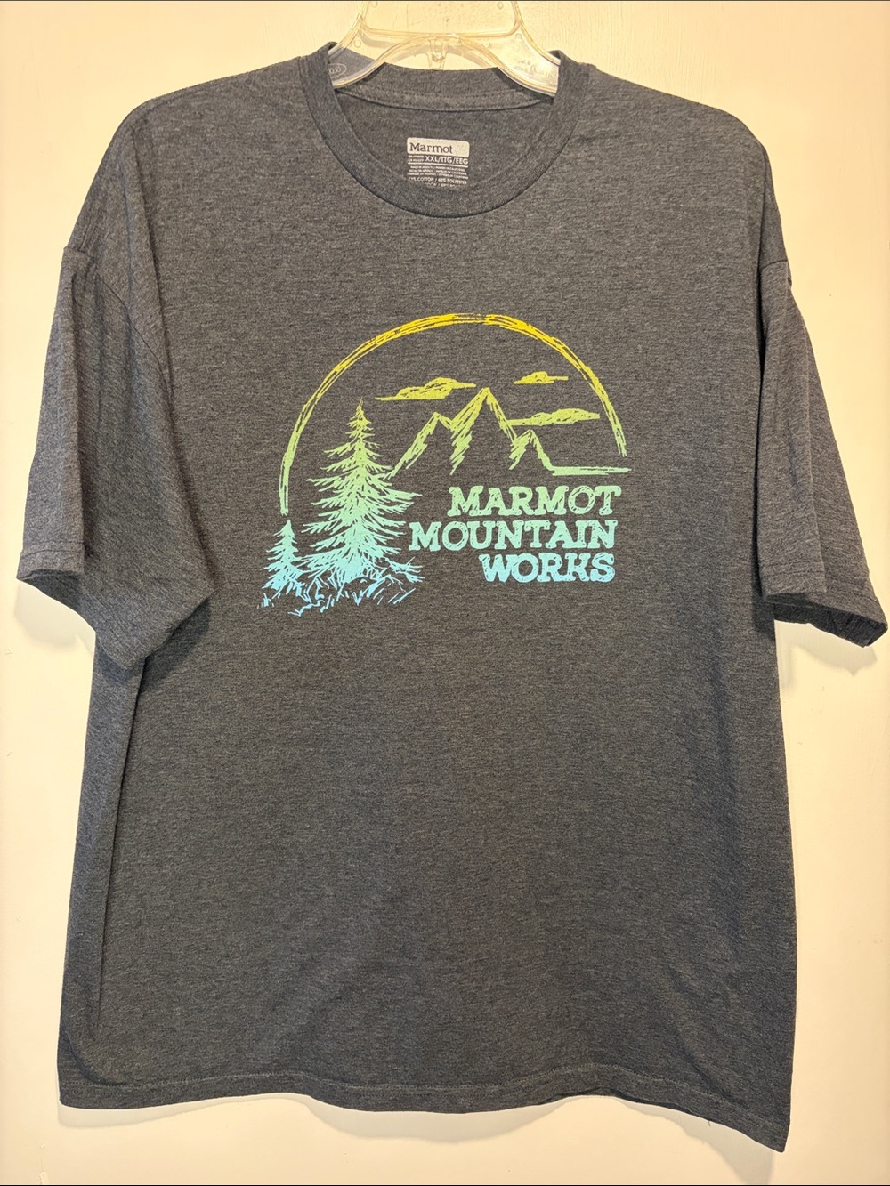 Marmot Mountain Works Grey Short Sleeve Blue Green Graphic T Shirt Size XXL